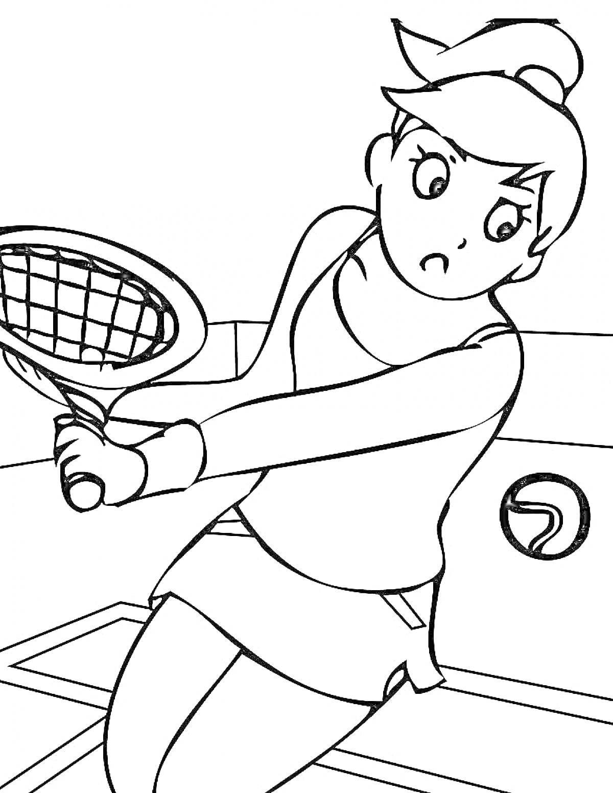 РаскраскаДевушка в теннисной одежде с ракеткой и теннисным мячом на корте