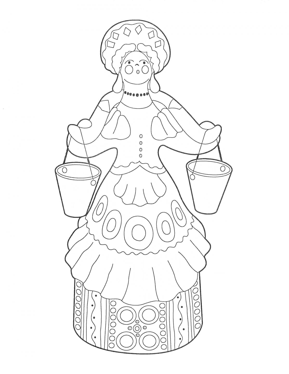 Раскраска Дымковская игрушка барыня с двумя ведрами, в народном костюме с орнаментом на юбке и кокошником