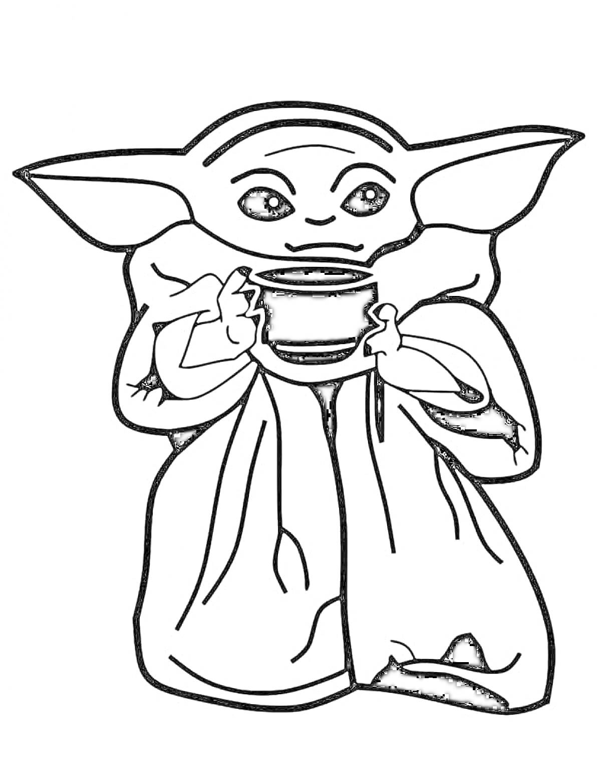 РаскраскаАнимационный персонаж с большими ушами, держащий чашку, в длинной одежде