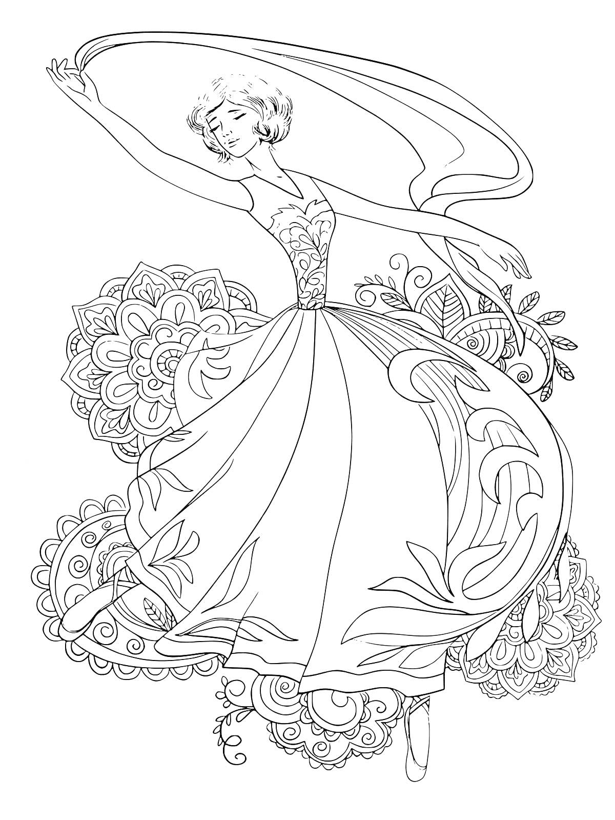 На раскраске изображено: Женщина, Танец, Платье, Цветочный узор, Орнамент, Кружево