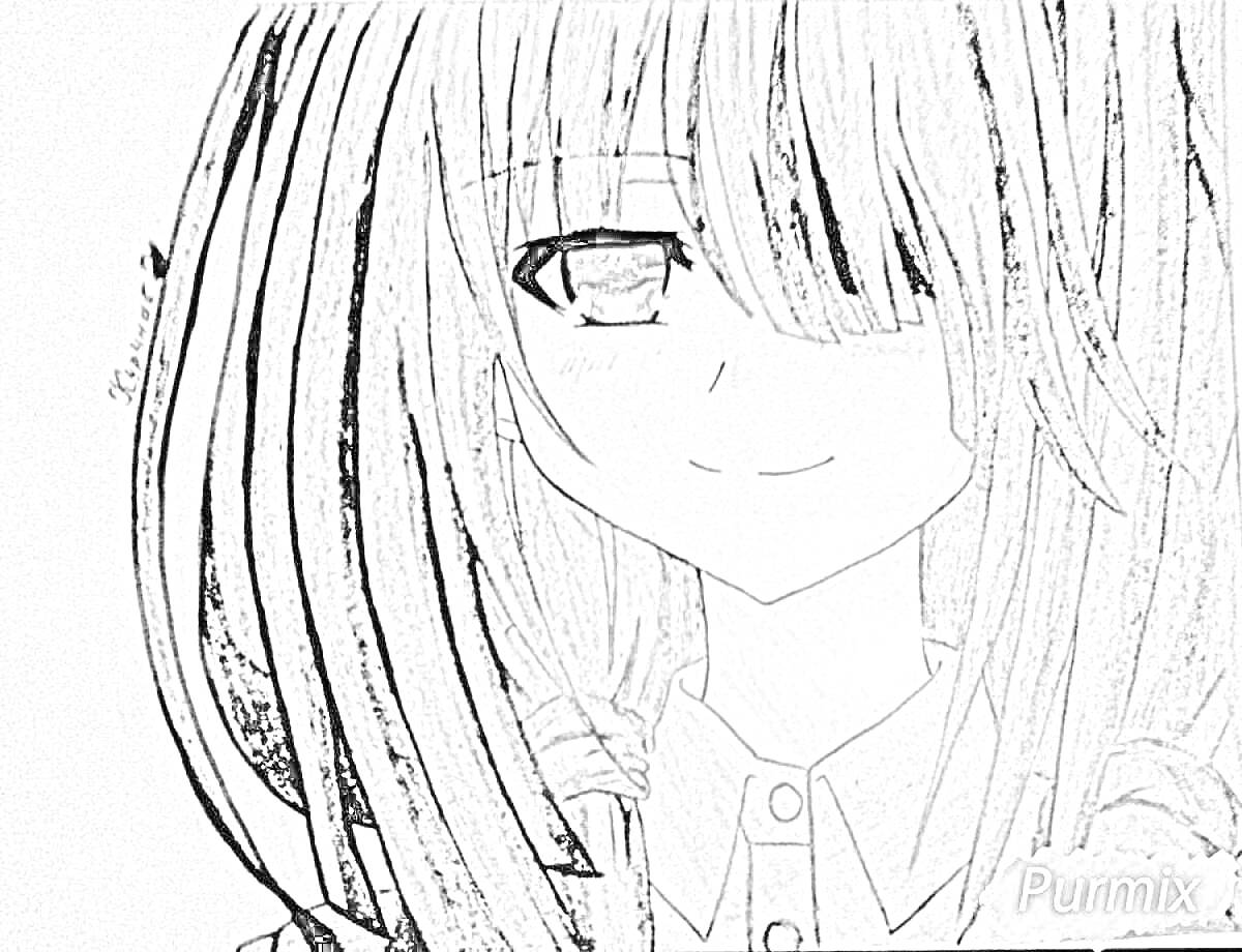 Девушка с длинными черными волосами и красными глазами в аниме-стиле