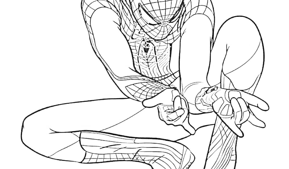 Раскраска Человек-паук в прыжке, выпускающий паутину