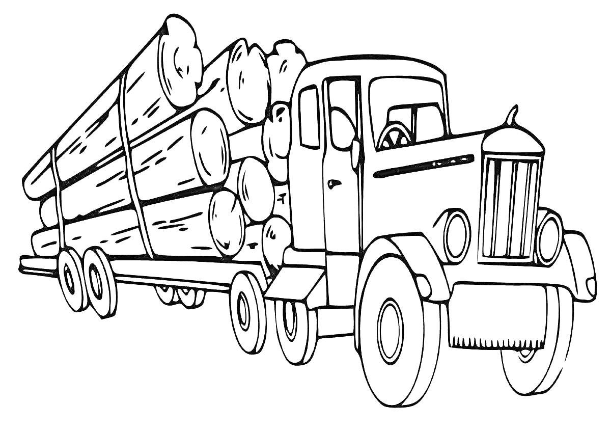 На раскраске изображено: Лесовоз, Прицеп, Деревья, Лес, Транспорт, Бревно, Грузовая машина, Машины