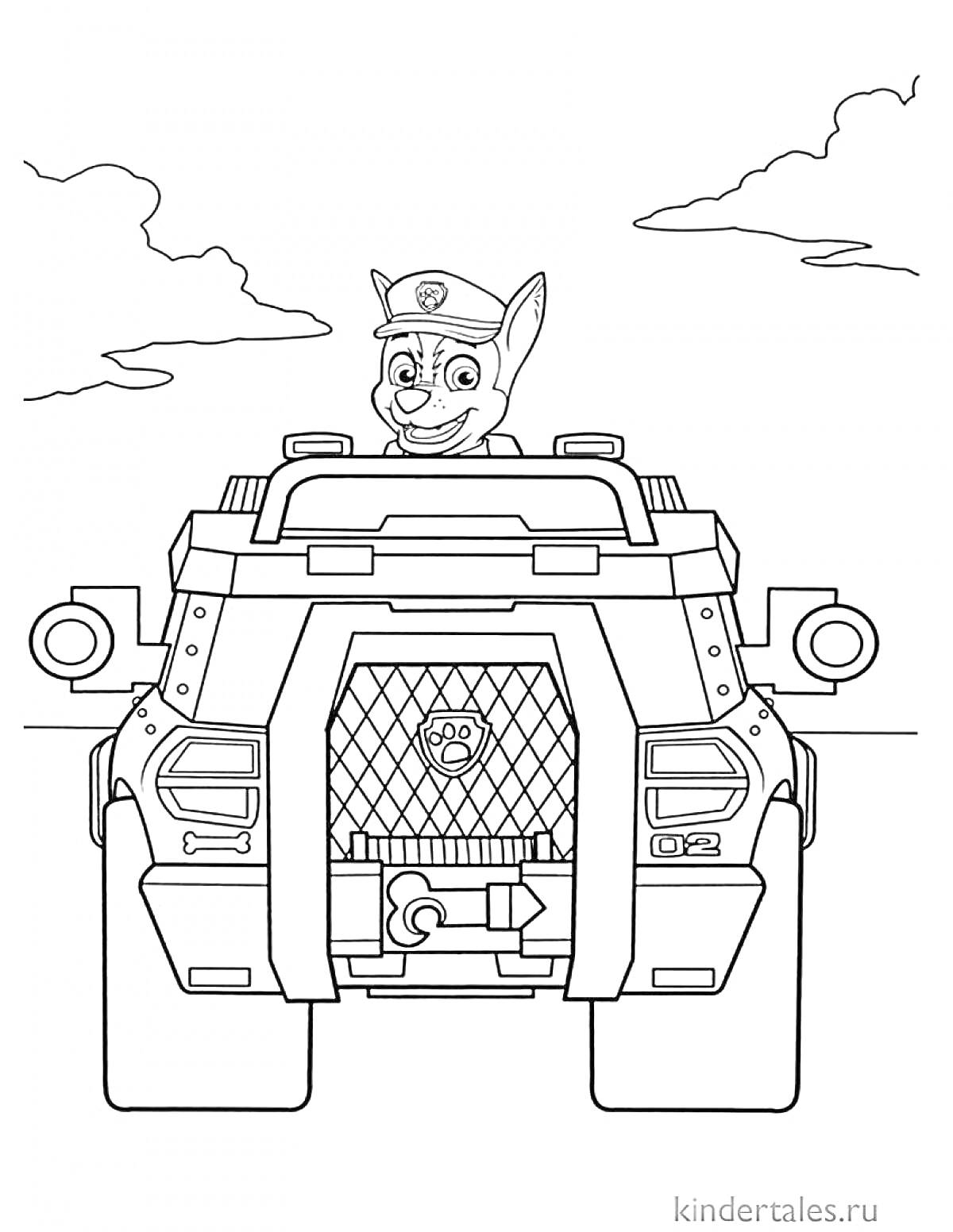 Раскраска Щенячий патруль: Гонщик в патрульной машине, облака на фоне