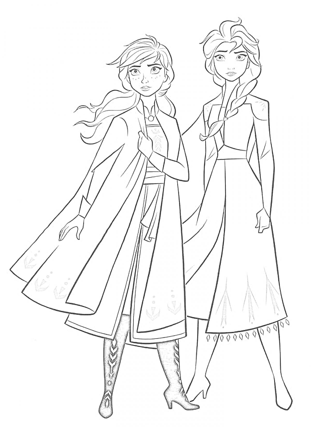 Раскраска Две девушки в длинных платьях с накидками