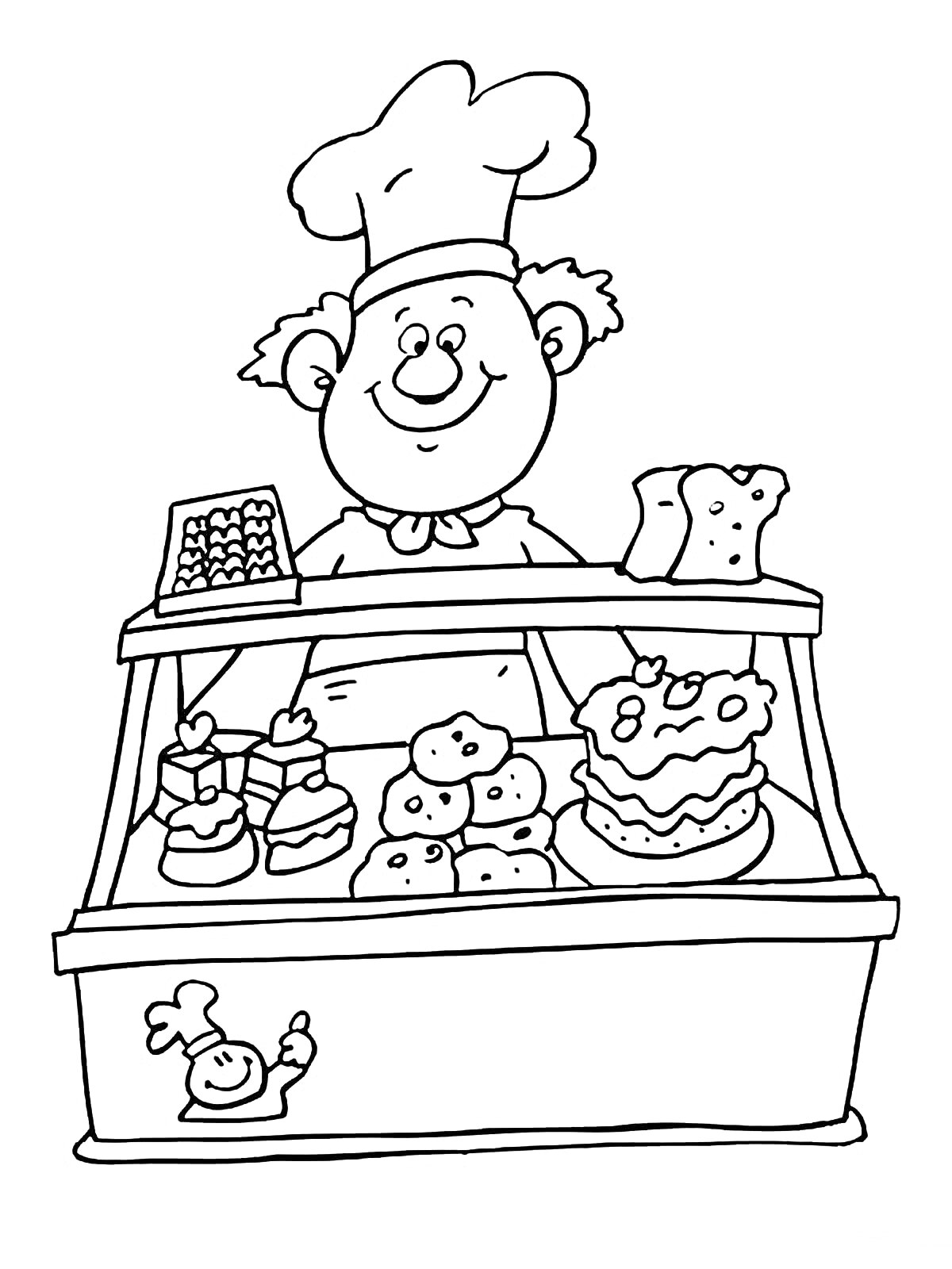 Повар-кондитер за прилавком с выпечкой и кассовым аппаратом. На прилавке расположены пирожные, кексы, торт и буханки хлеба.