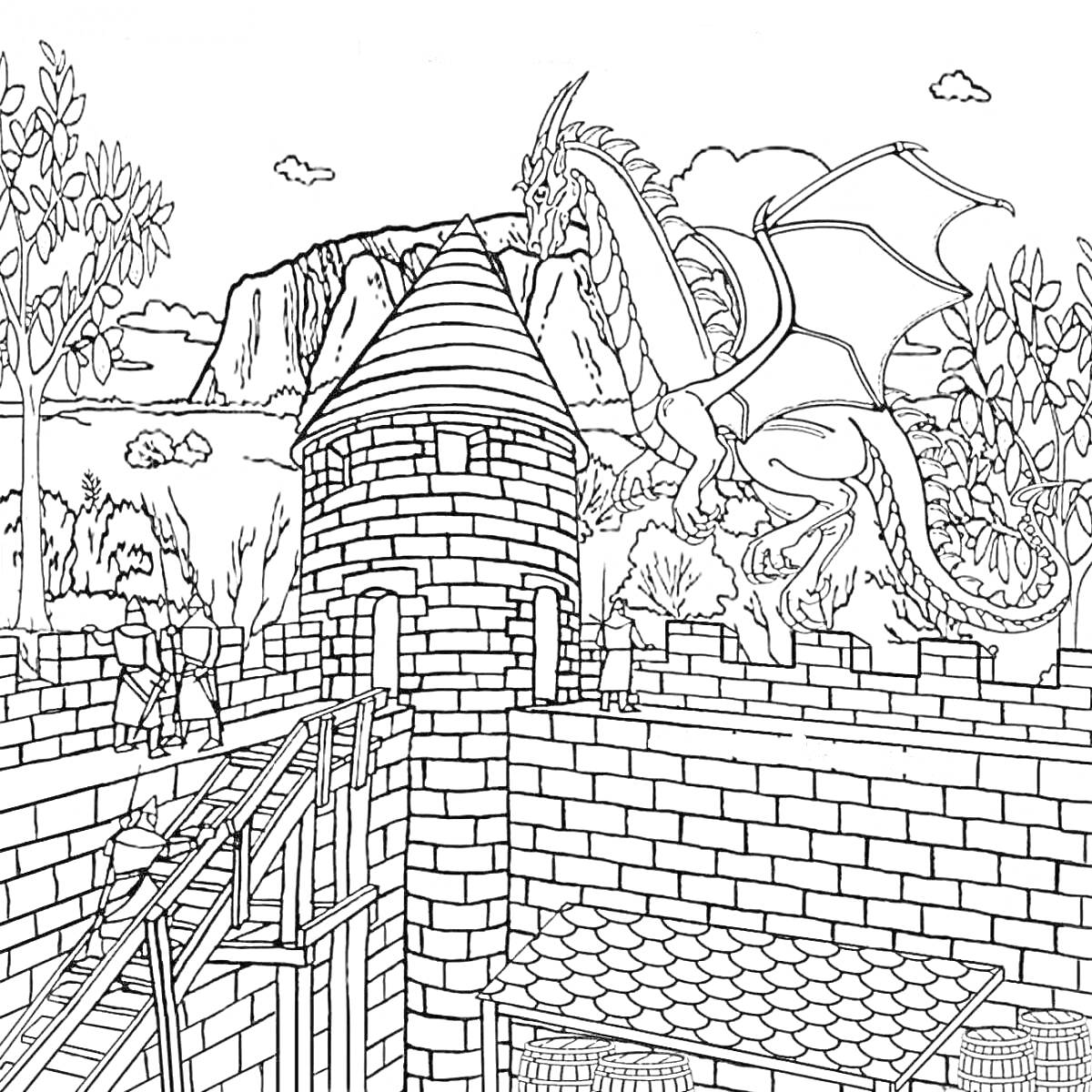 Раскраска Рыцарь на мосту, дракон над крепостной стеной, башня, стены замка, деревья и горы на заднем плане