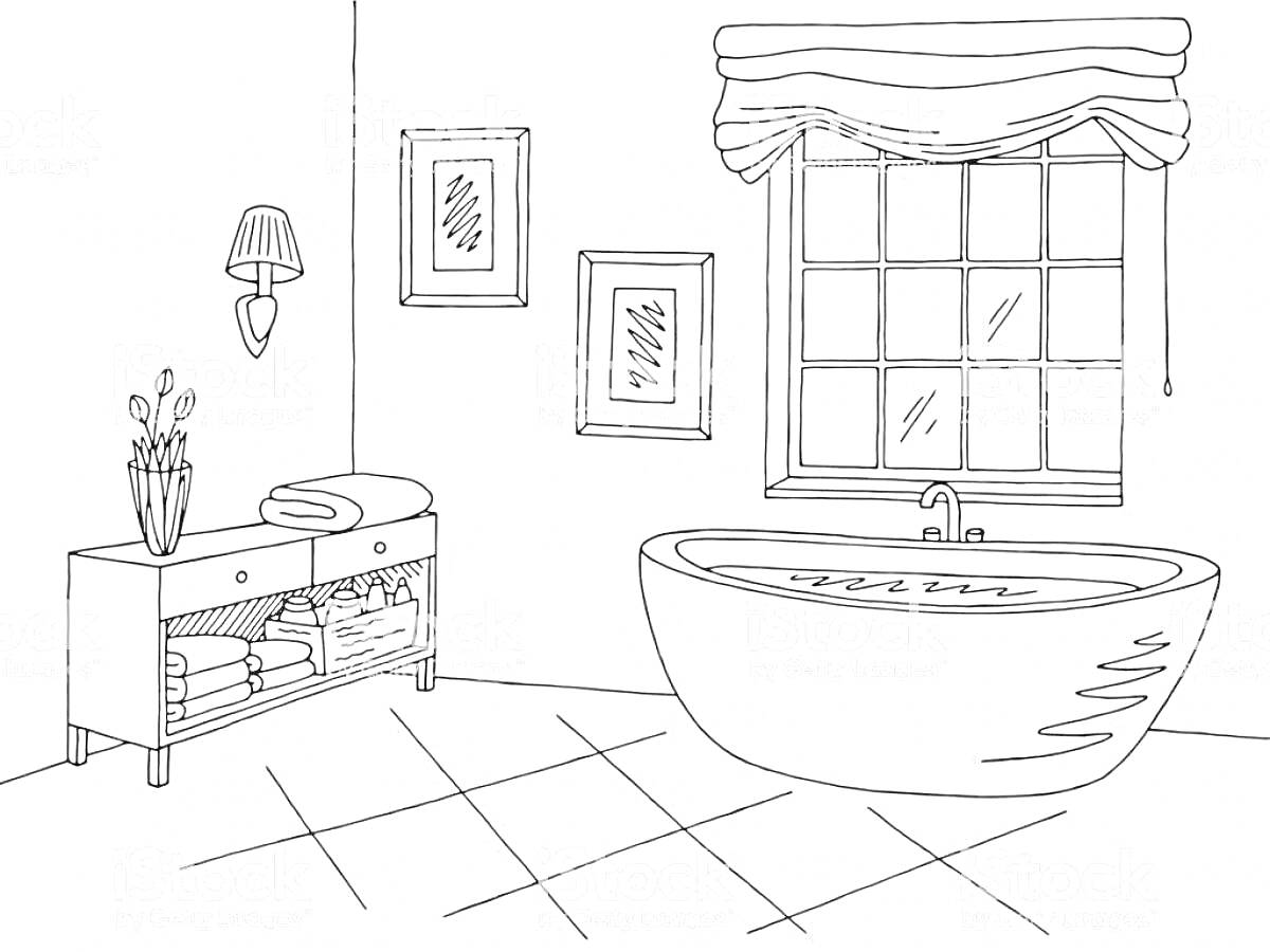 Раскраска Ванная комната с ванной, раковиной, шкафчиком с полками, зеркалом, светильником, и раковиной с цветами