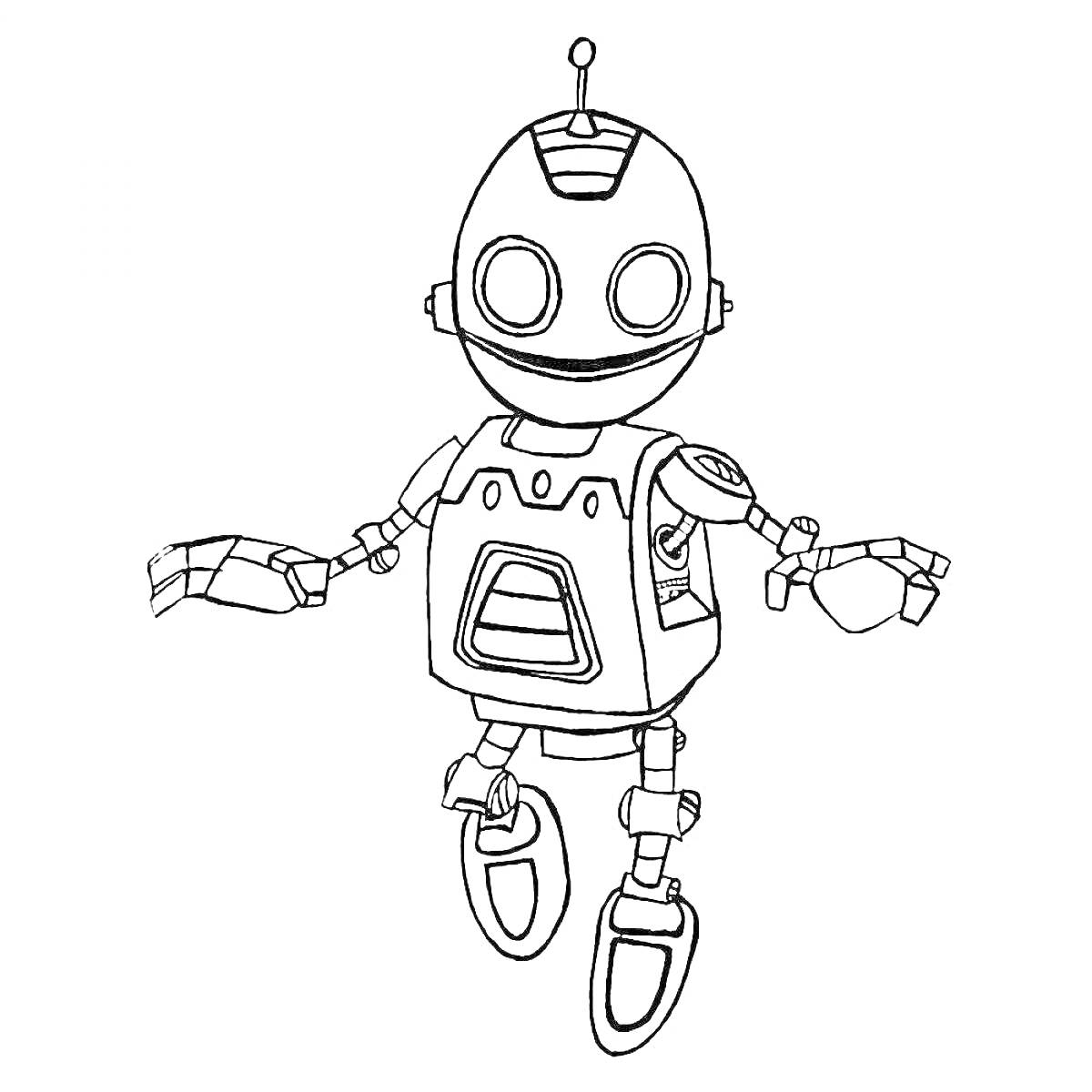 На раскраске изображено: Робот, Круглые глаза, Механические руки, Ноги, Робототехника, Галактика, Техника