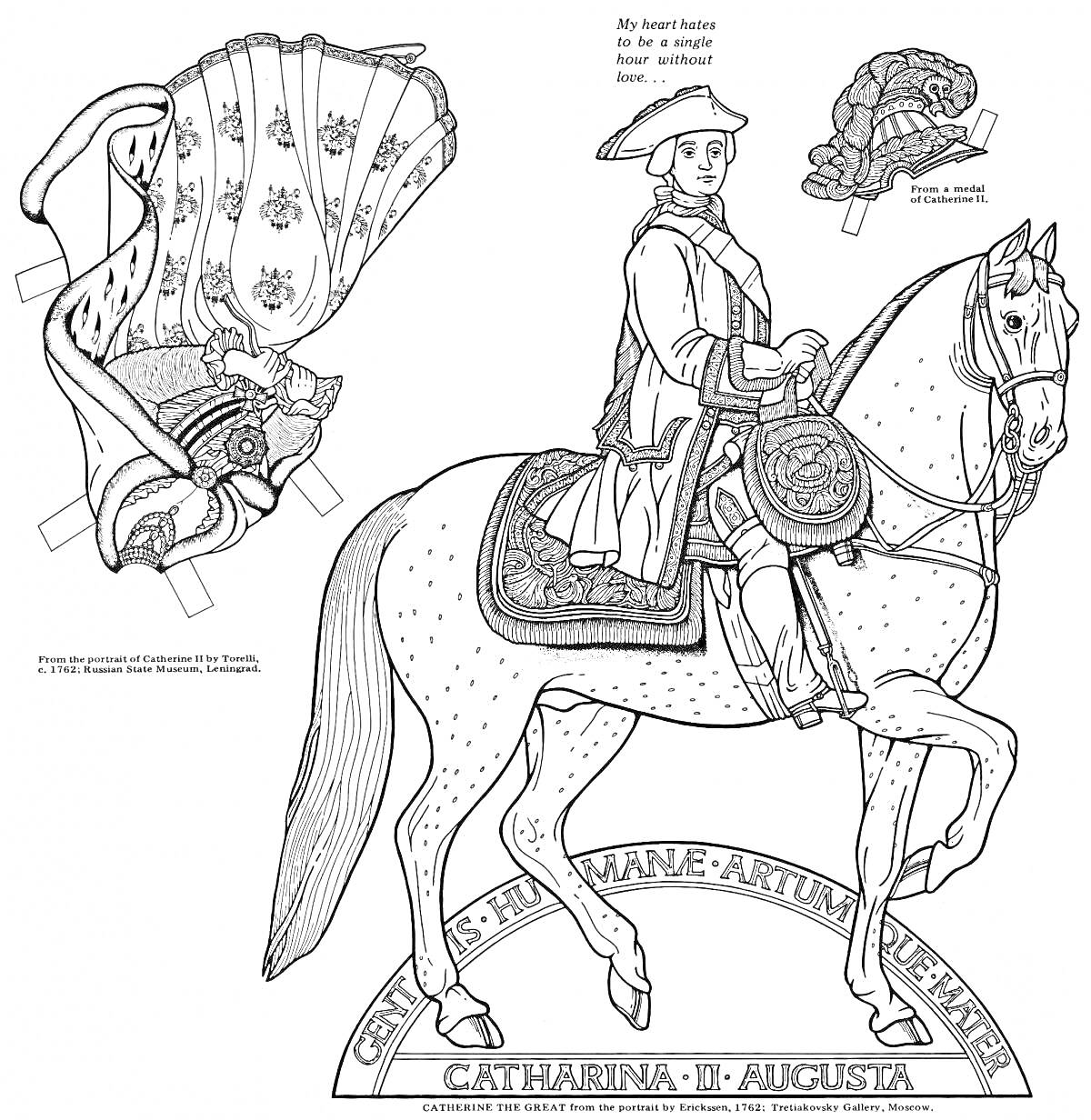 Раскраска Екатерина II на коне с военным головным убором и плащом
