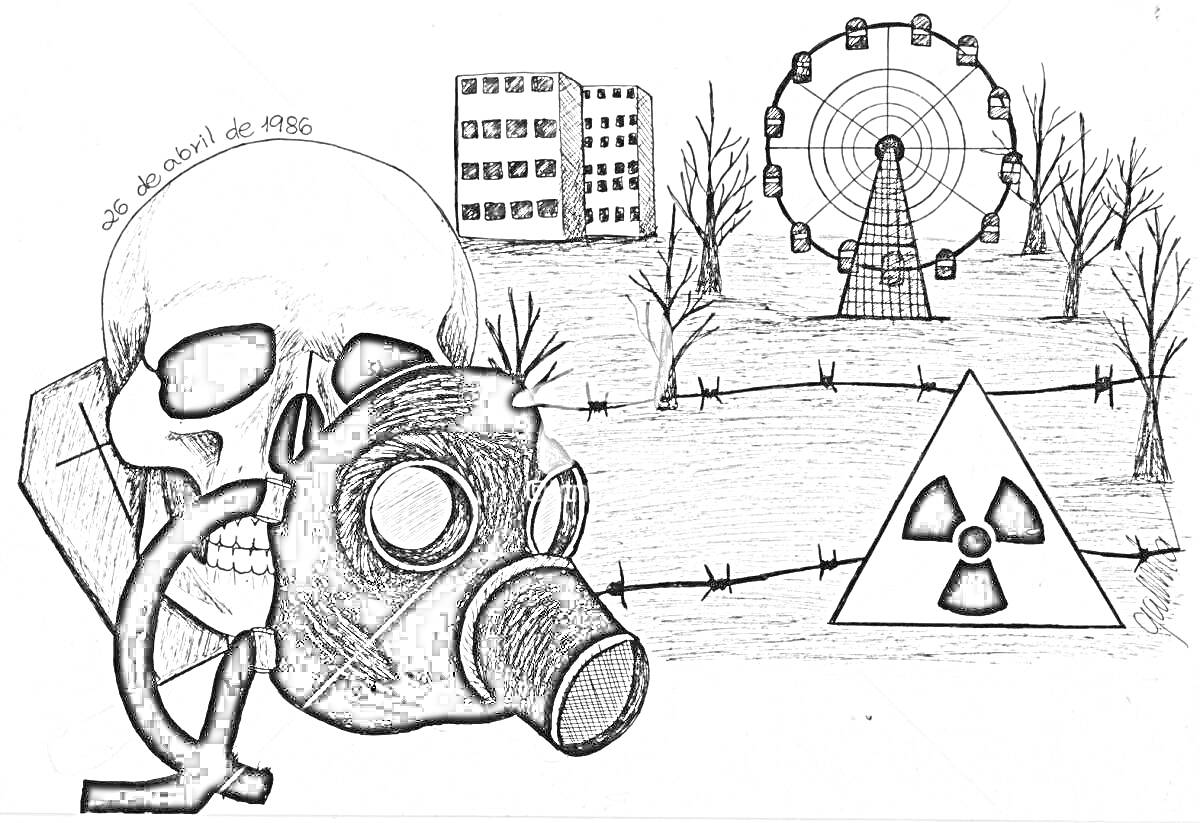 Раскраска Череп с противогазом на фоне заброшенного здания и колеса обозрения, знак радиации и заборы с колючей проволокой