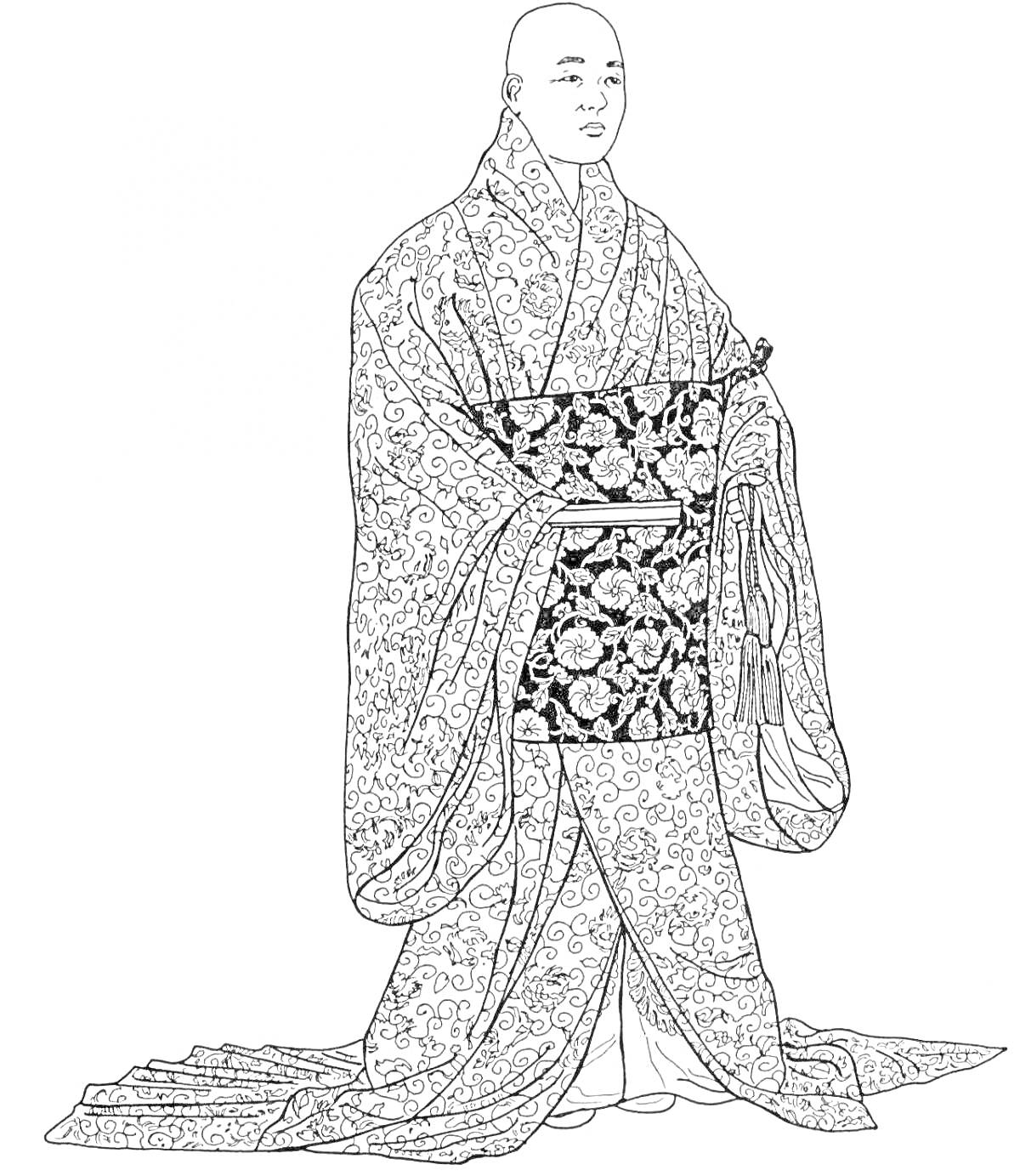 На раскраске изображено: Кимоно, Традиционная одежда, Женщина, Цветочный узор, Арт, Японский стиль