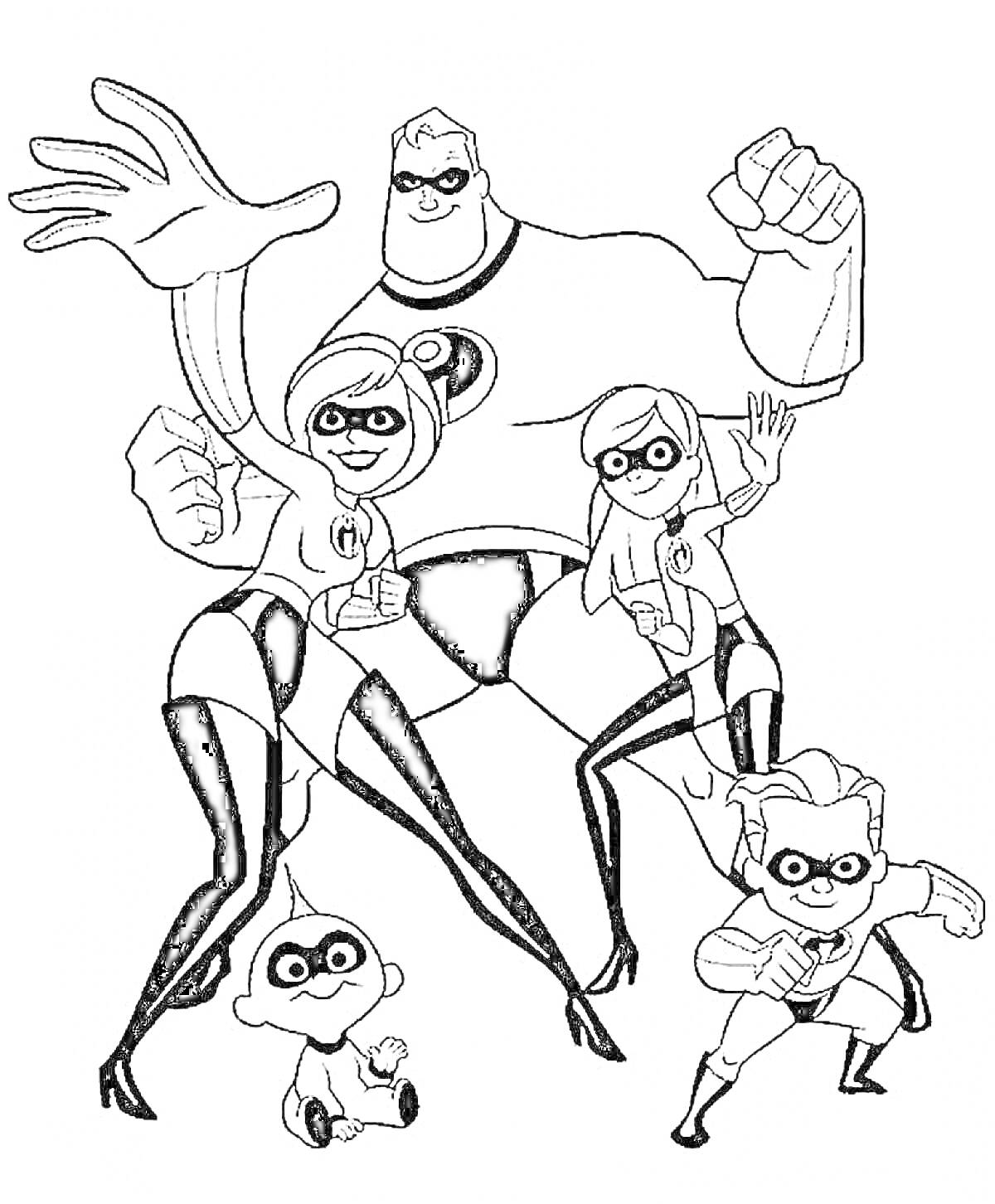 Раскраска Семья супергероев, состоящая из пяти человек, в различных супергеройских позах и в костюмах с эмблемой на груди. На переднем плане маленький ребёнок.