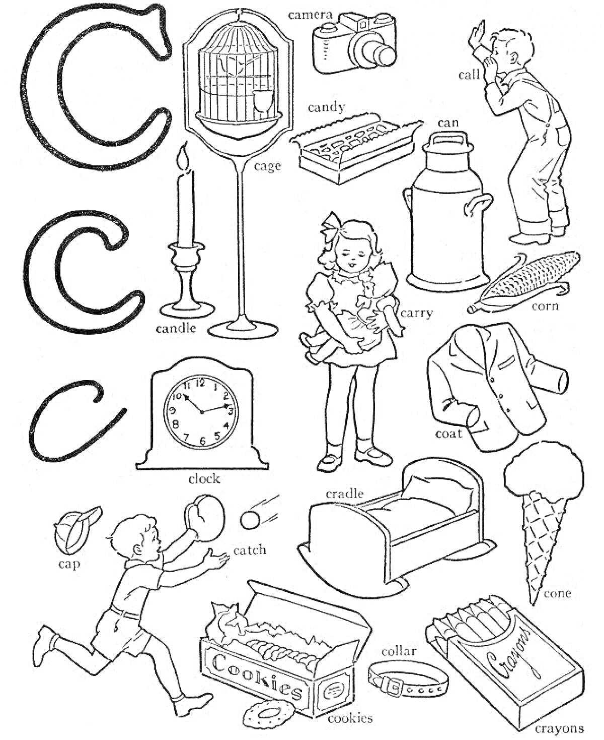 Буква C: клетка, камера, конфета, банка, кальян, свеча, молочник, кукуруза, мальчик, кепка, поймать, часы, кроватка, девочка, колыбель, пальто, печенье, мороженое, карандаши
