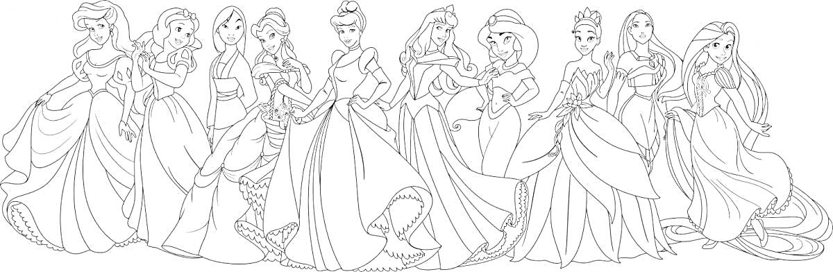 Раскраска 10 принцесс Дисней в нарядных платьях, цепочность принцесс от Ариэль до Рапунцель, каждая в своем классическом наряде