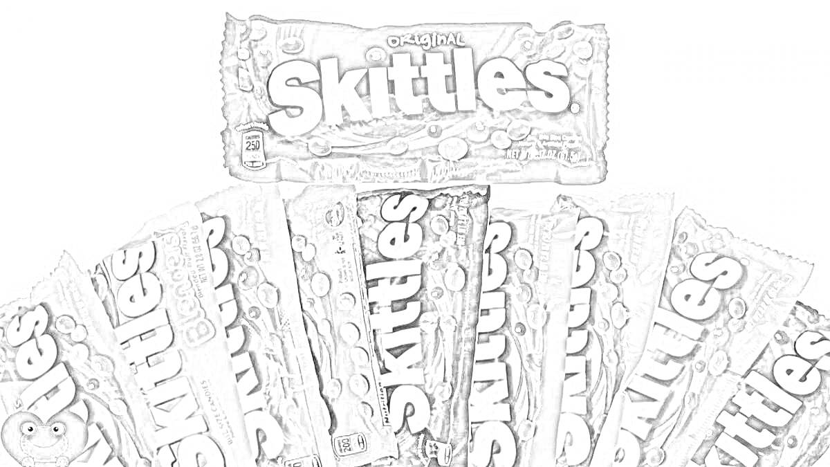 На раскраске изображено: Skittles, Конфеты, Упаковка, Сладости, Закуски
