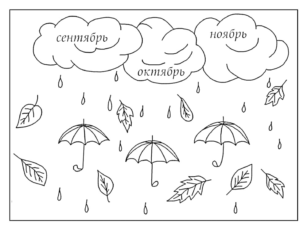 Раскраска Осенний дождь с листьями и зонтиками под облаками с обозначениями месяцев сентября, октября и ноября