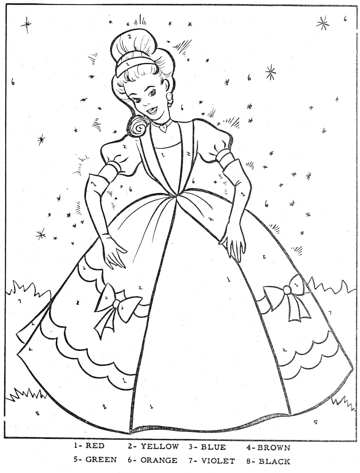 Раскраска Принцесса на фоне звездного неба с пышным платьем и бантами, стоящая на поляне