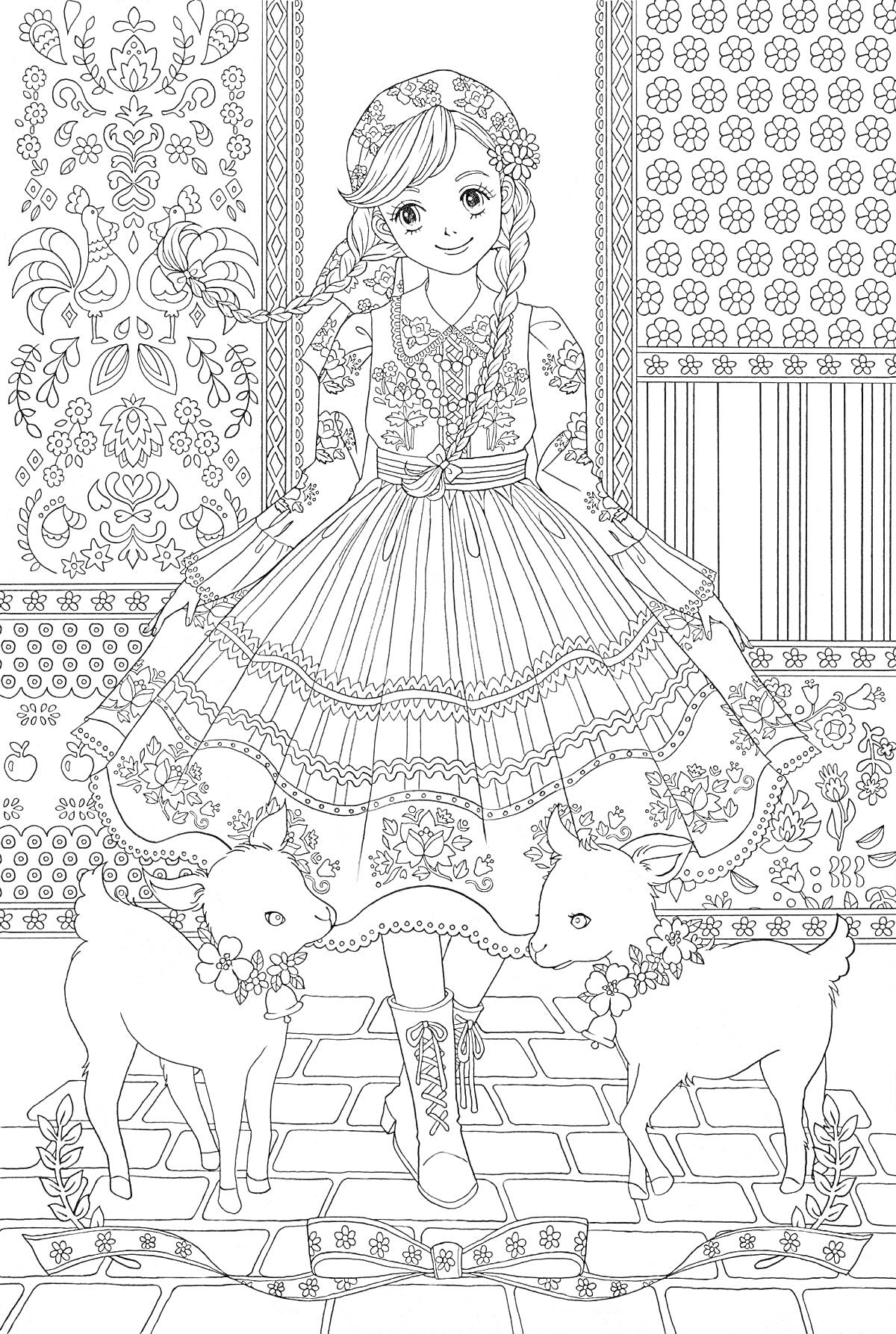 На раскраске изображено: Принцесса, Платье, Узоры, Плитка, Стена