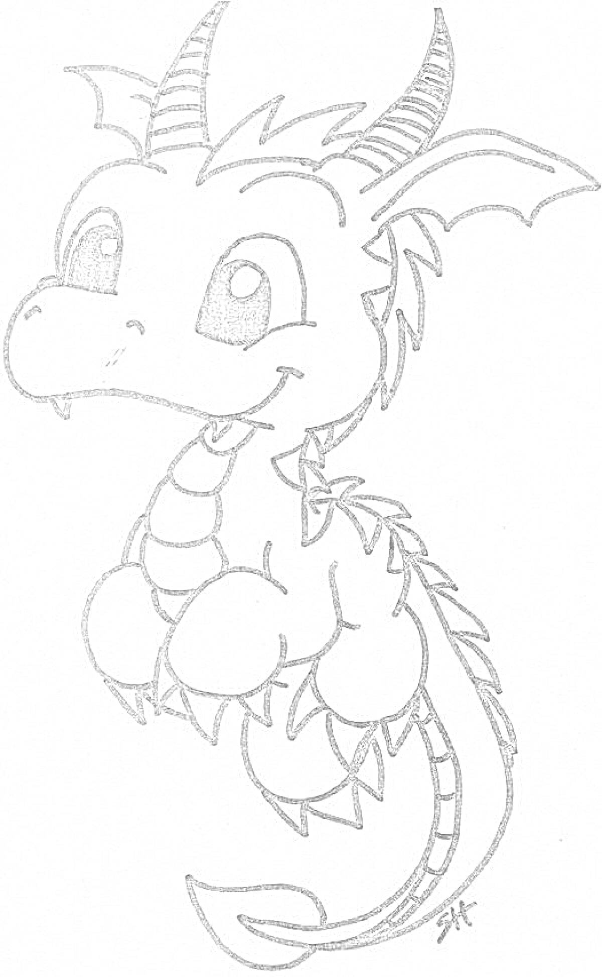 Раскраска Улыбающийся дракончик с крыльями и рогами