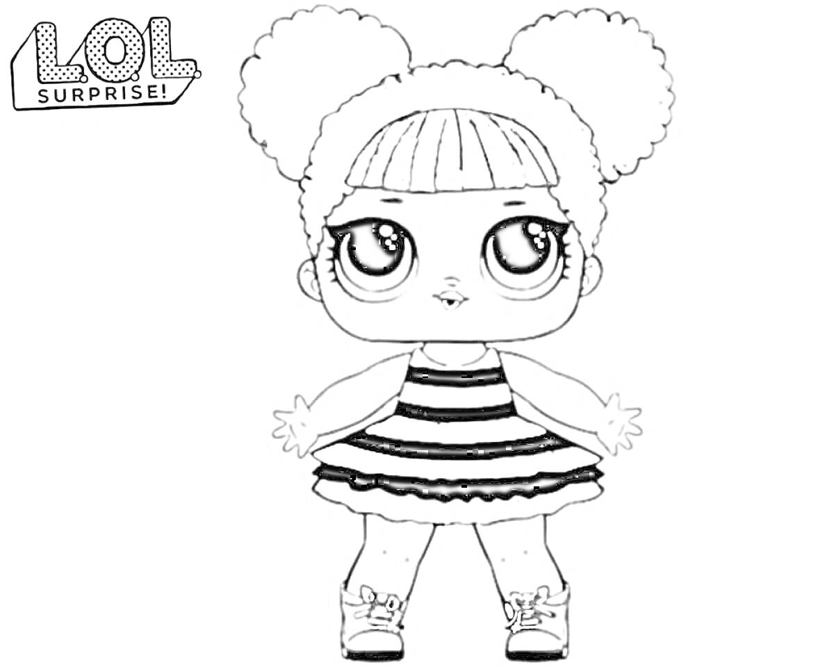 Кукла ЛОЛ с двумя пышными пучками, челкой, в полосатом платье и в обуви с ремешком