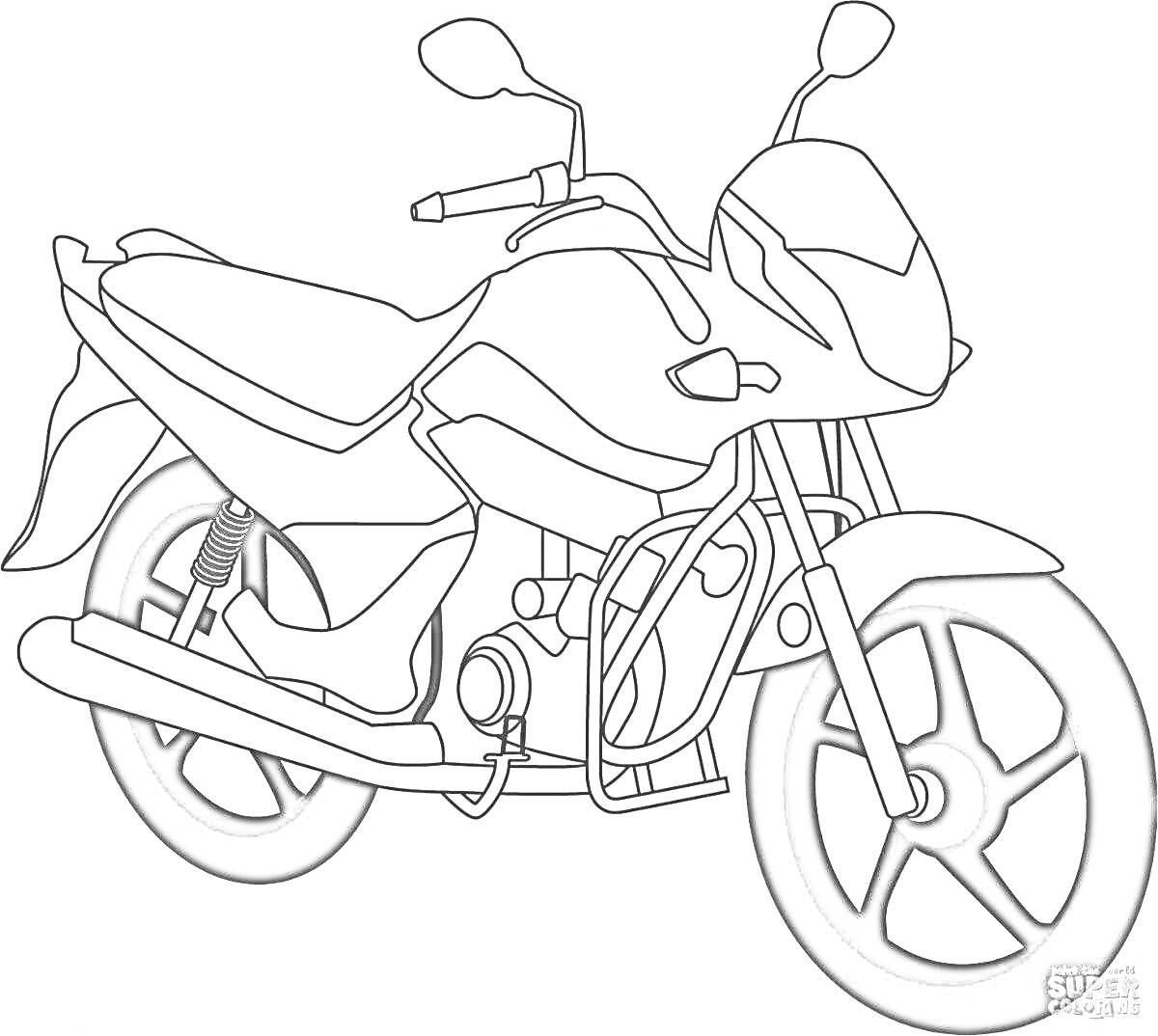 На раскраске изображено: Мотоцикл, Транспорт, Двухколесный, Мотор, Детали, Механика