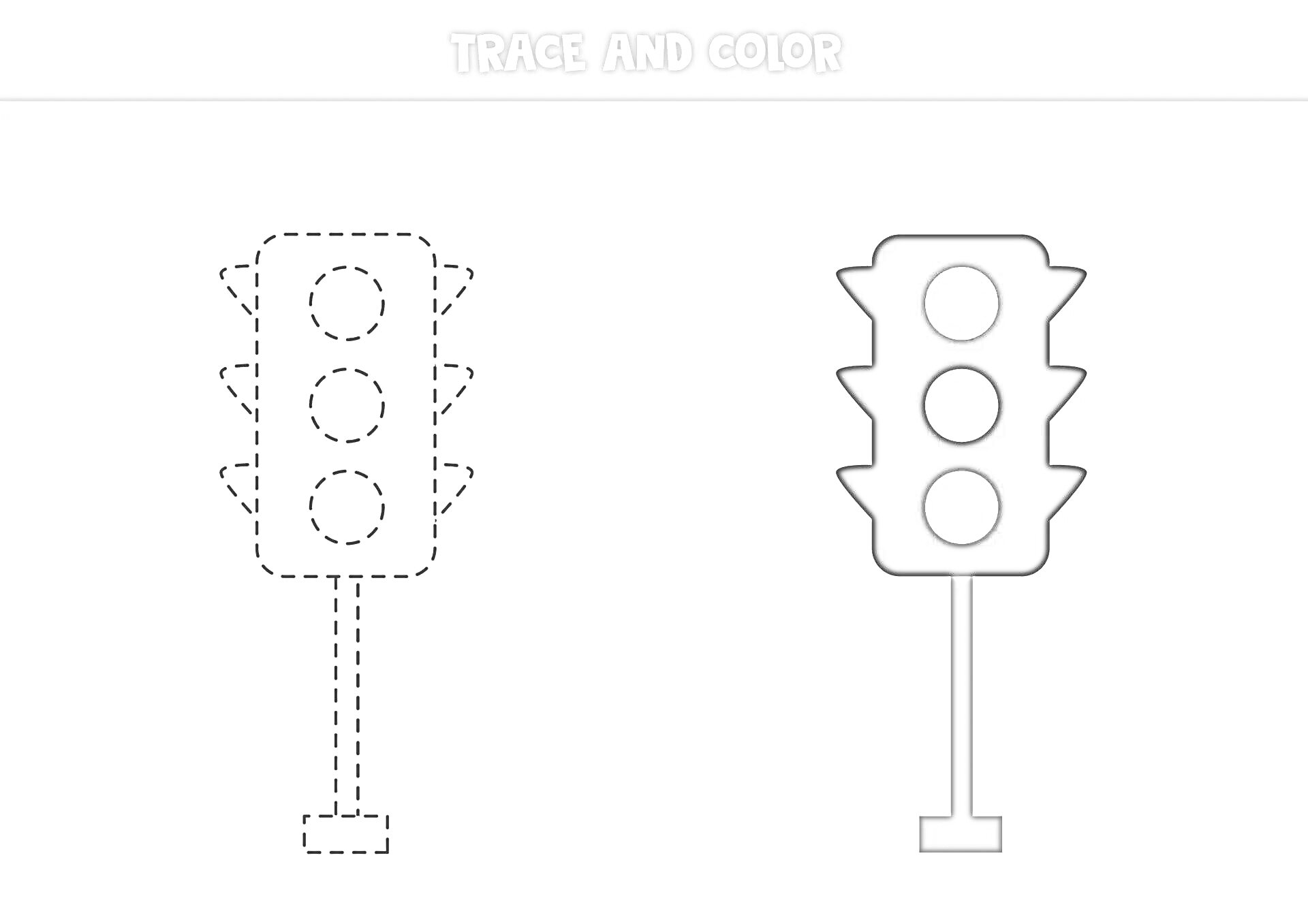 Раскраска раскраска со светофором: контурный светофор для обведения и раскрашенный светофор с красным, жёлтым и зелёным огнями