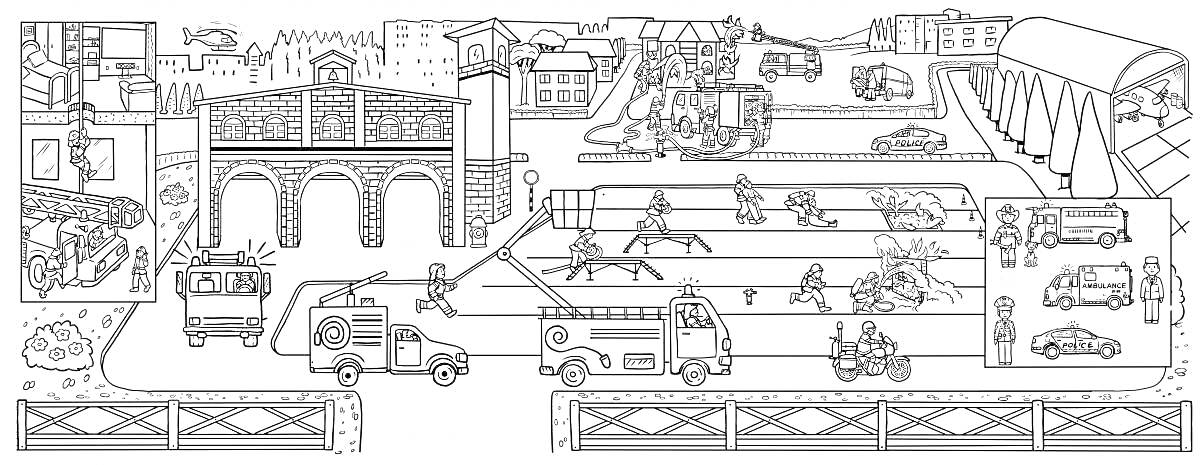 На раскраске изображено: Пожарные, Здание, Инфраструктура, Спасательная техника, Городская сцена, Безопасность