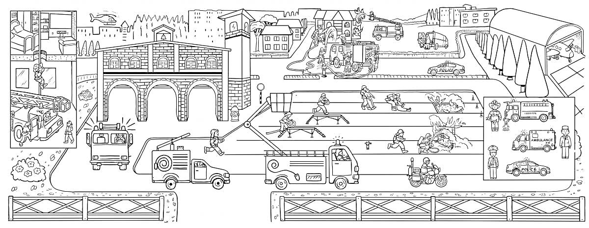 Раскраска Пожарная станция с пожарными машинами, пожарными на учениях, зданием пожарной станции и различной инфраструктурой
