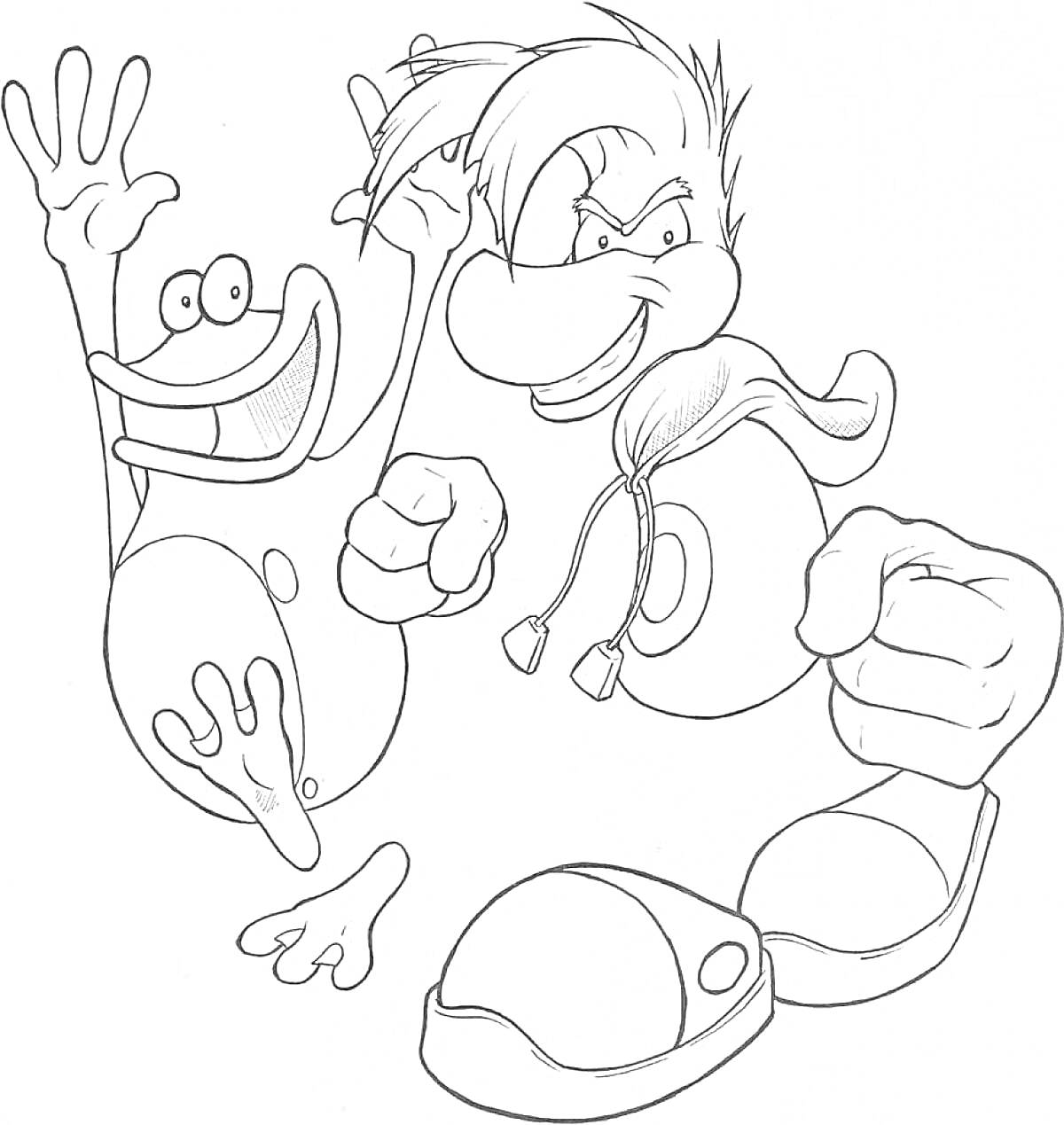 На раскраске изображено: Rayman, Мультипликационный персонаж, Ботинки, Шарф, Дружба