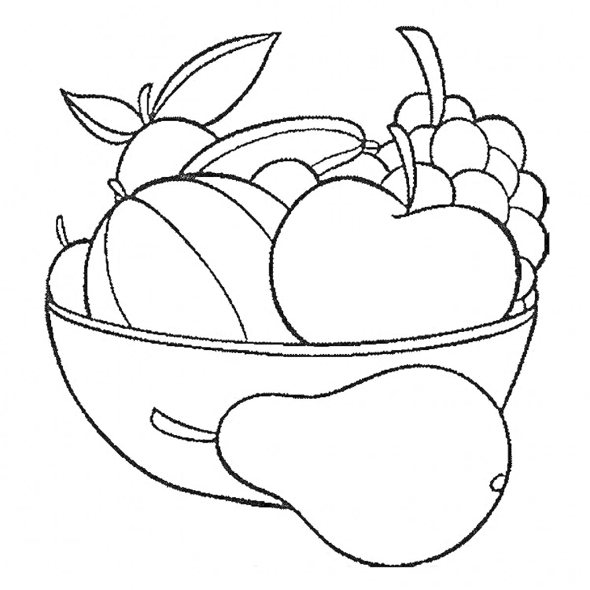 Раскраска фруктовый салат в миске с дыней, яблоком, виноградом, апельсином и грушей