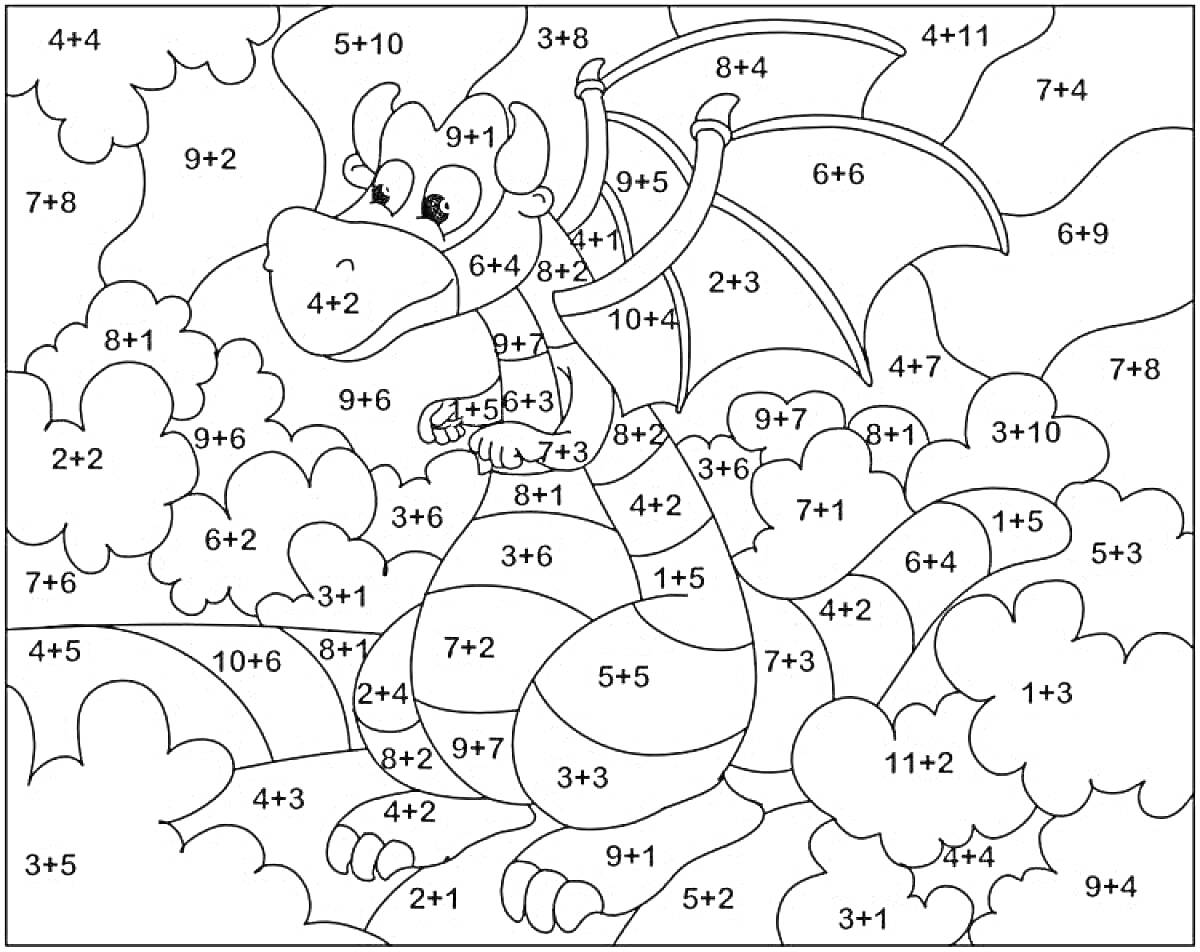 На раскраске изображено: Дракон, Облака, Математика, Цифры, Обучение, Арифметика
