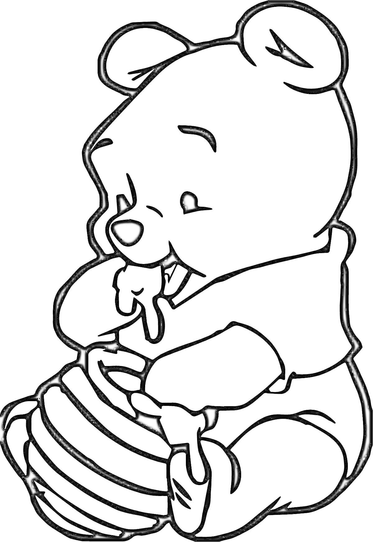 На раскраске изображено: Мёд, Из мультфильмов, Медведь