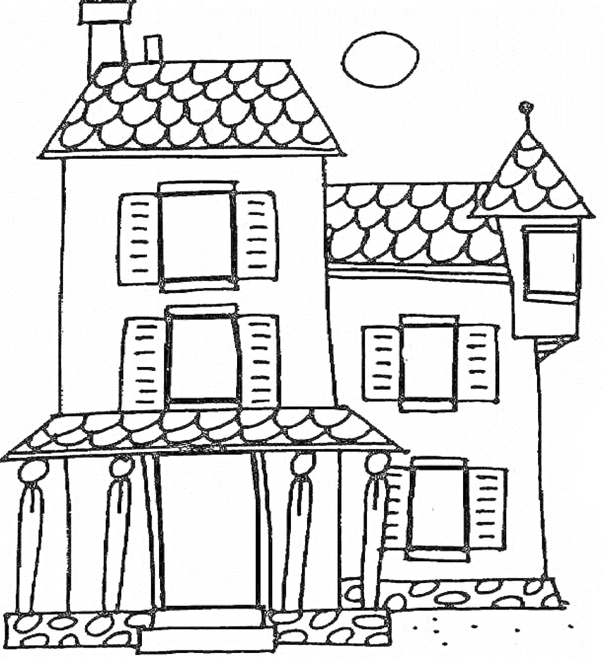 На раскраске изображено: Дом, Крыльцо, Ставни, Крыша, Архитектура