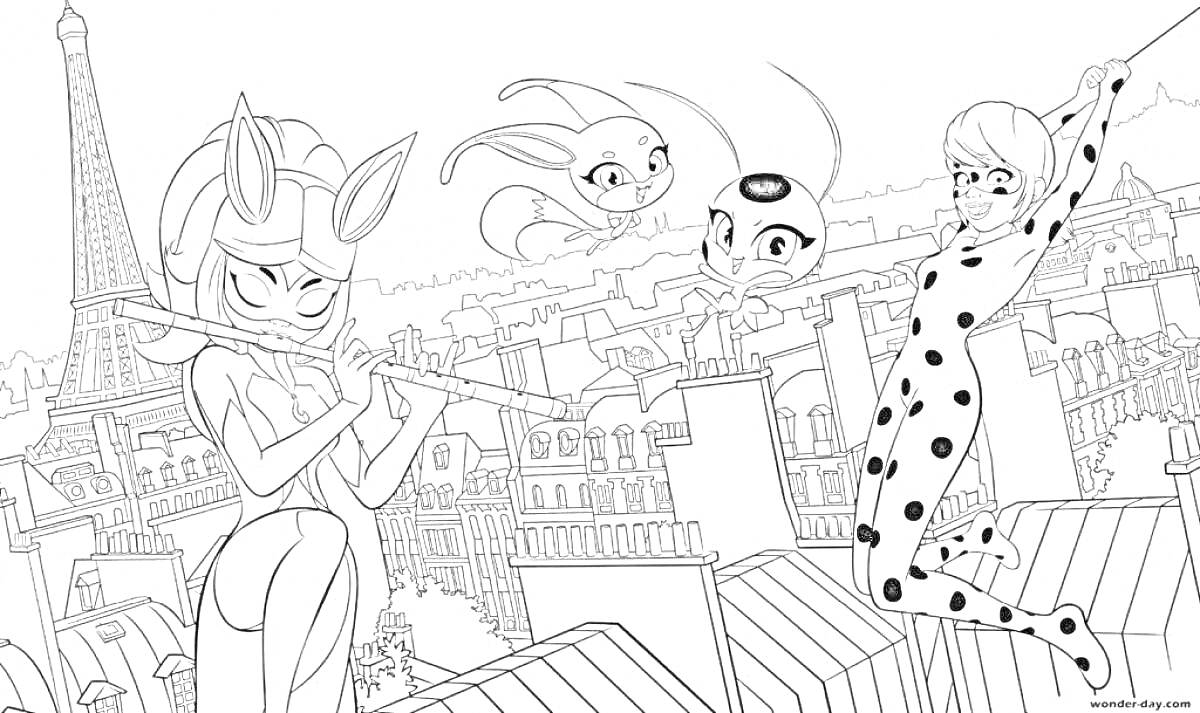 На раскраске изображено: Леди Баг, Супер Кот, Эйфелева башня, Крыши домов, Париж