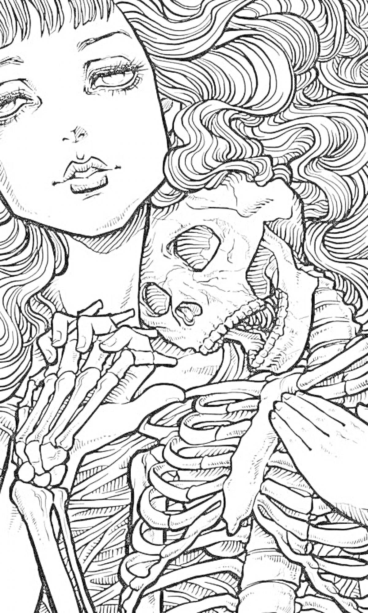 Раскраска Девушка с волнистыми волосами, обнимающая скелет