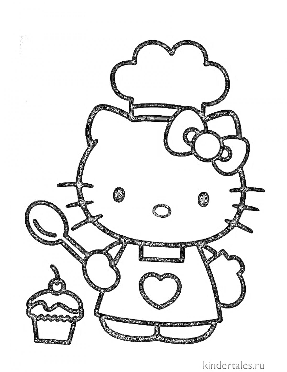 Раскраска Hello Kitty в поварском колпаке с ложкой и кексом