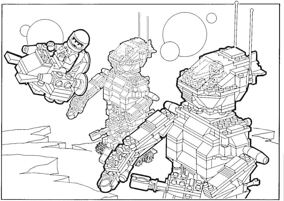 Раскраска Лего-пилот с лазерным мотоциклом и два боевых робота на фоне космического пейзажа