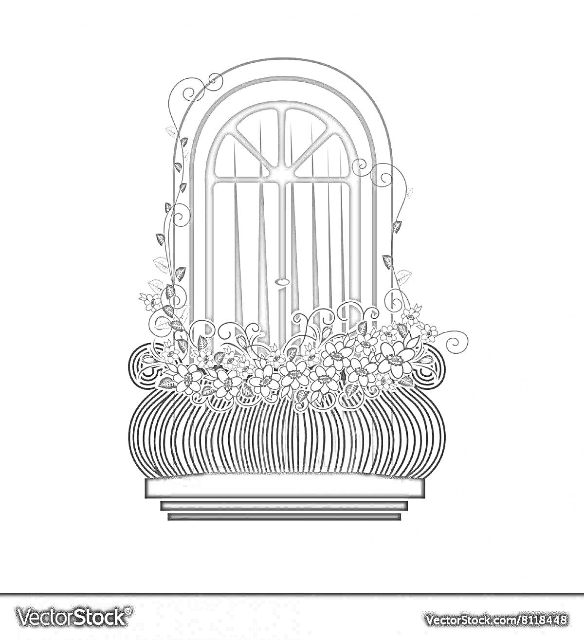 Раскраска Балкон с цветами и виноградной лозой на арочном окне