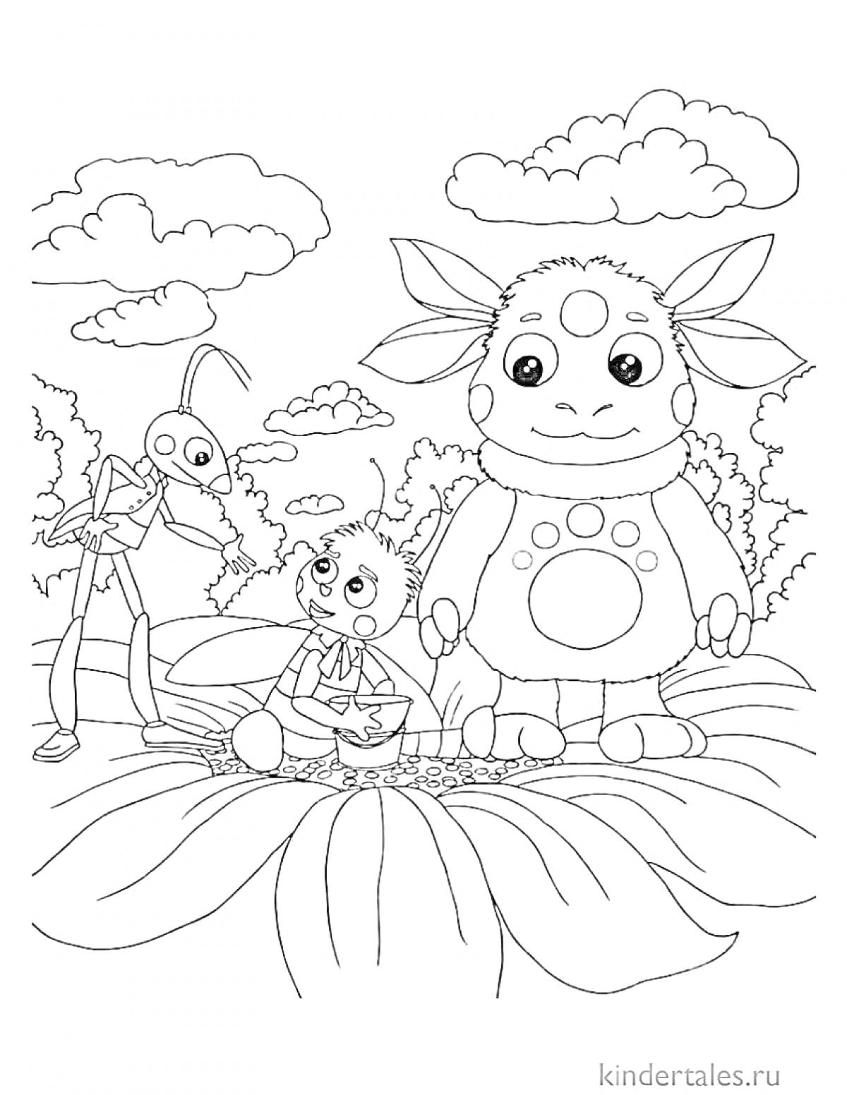 Раскраска Лунтик и его друзья на цветке - Лунтик, кузнечик, малыш