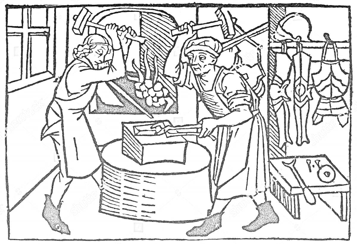 Раскраска Два кузнеца за работой, окно с ковкой, оружие и доспехи на стене, работающий горн, рабочая поверхность с инструментами