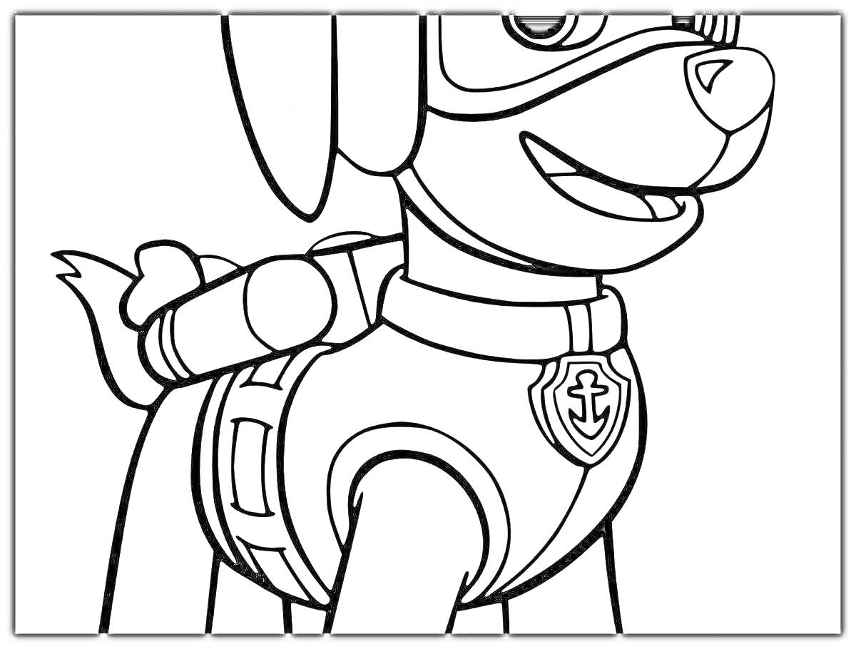 Раскраска Щенок Зума в форме спасателя с жетоном на ошейнике и спасательным оборудованием на спине
