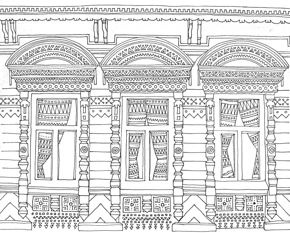 Раскраска Окно со ставнями, декоративные детали деревянного дома, арочные наличники, занавески