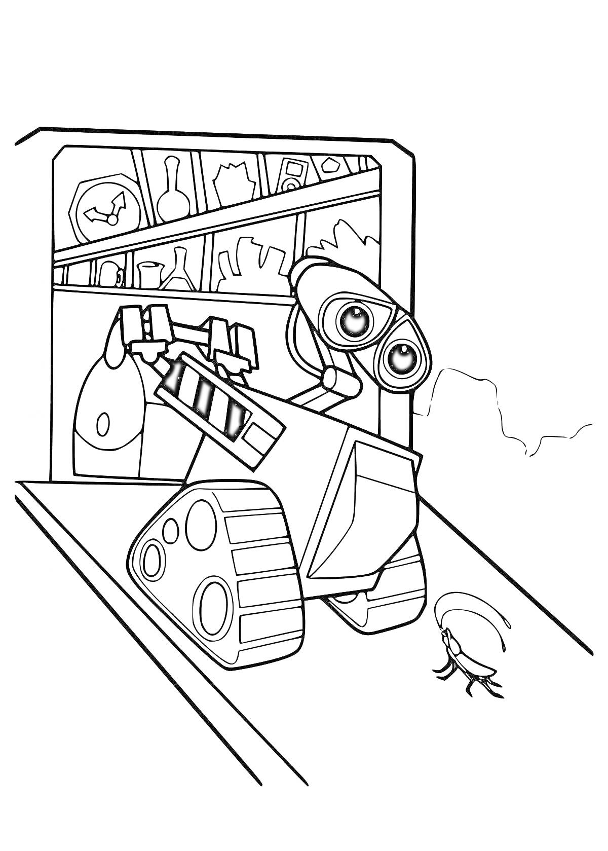 На раскраске изображено: ВАЛЛ-И, Робот, Предметы