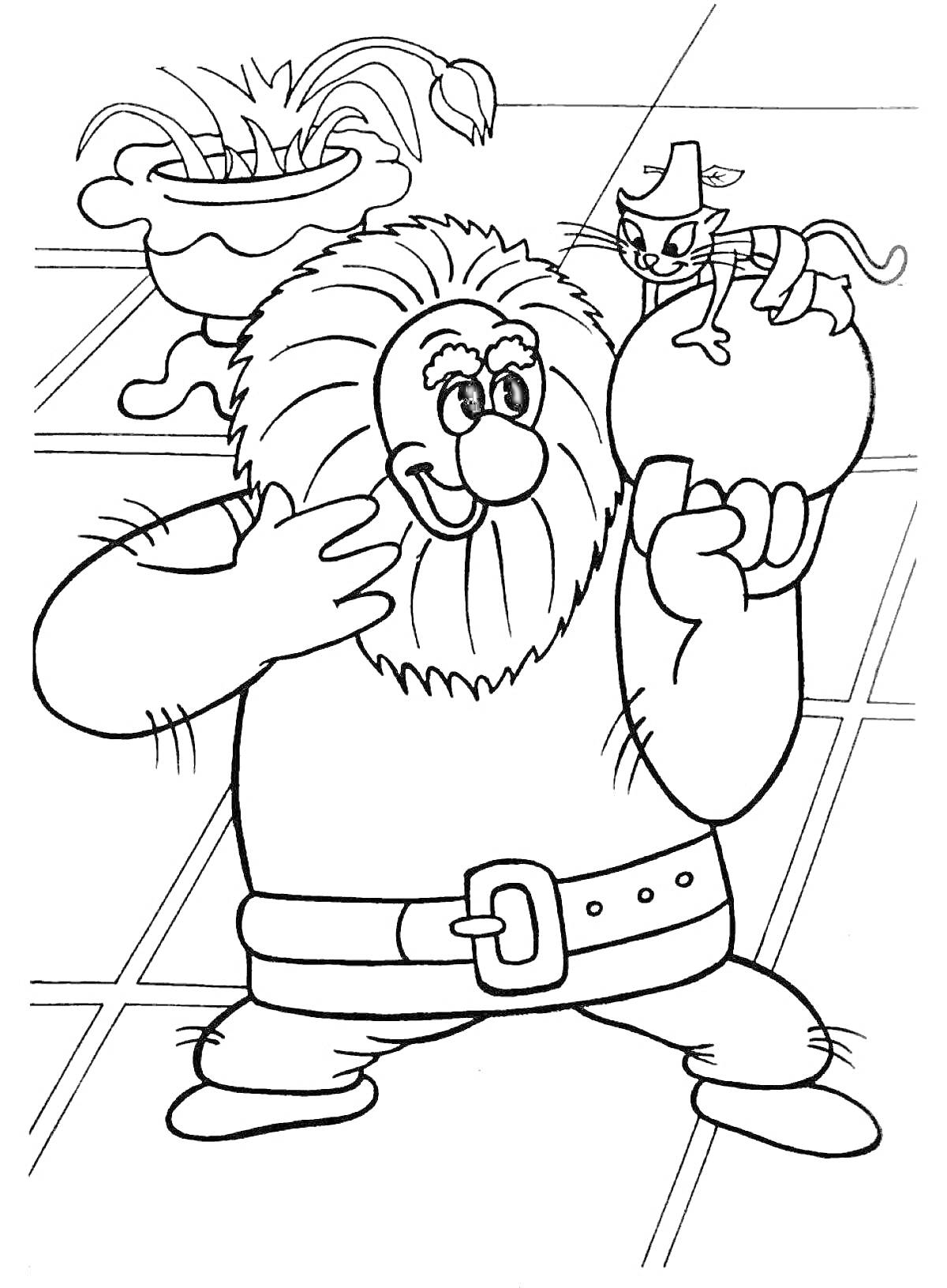 Раскраска Озорной Кот в сапогах на яблоке и улыбающийся человек с бородой, высокий горшок с растением на заднем плане