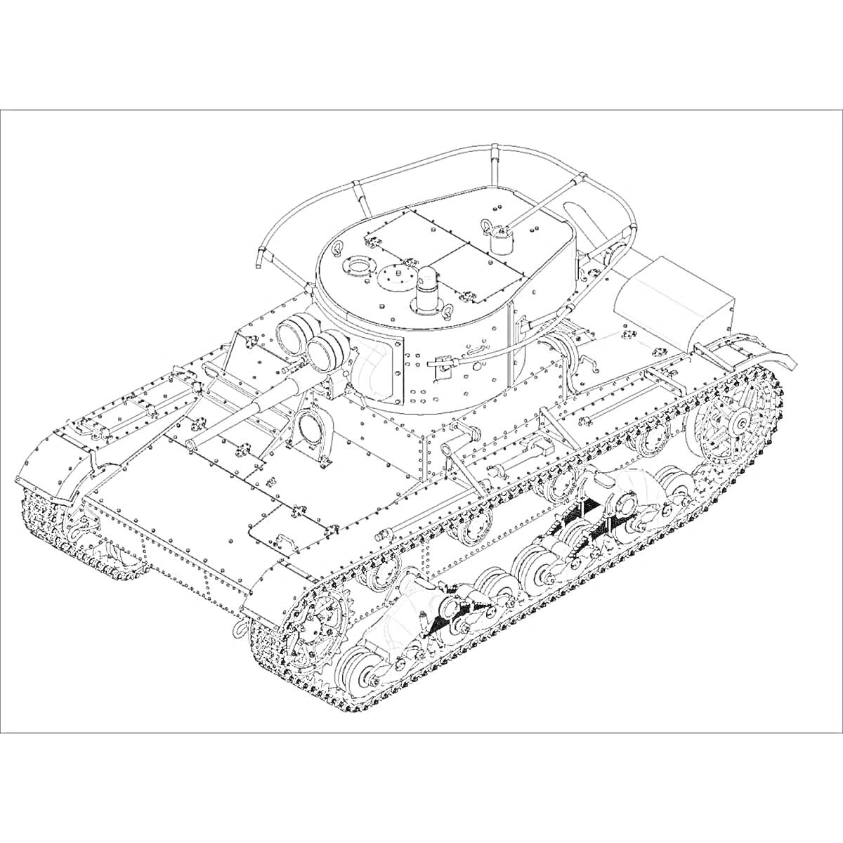 Раскраска Танк Т-26, чертеж, гусеницы, башня, броня, детали корпуса