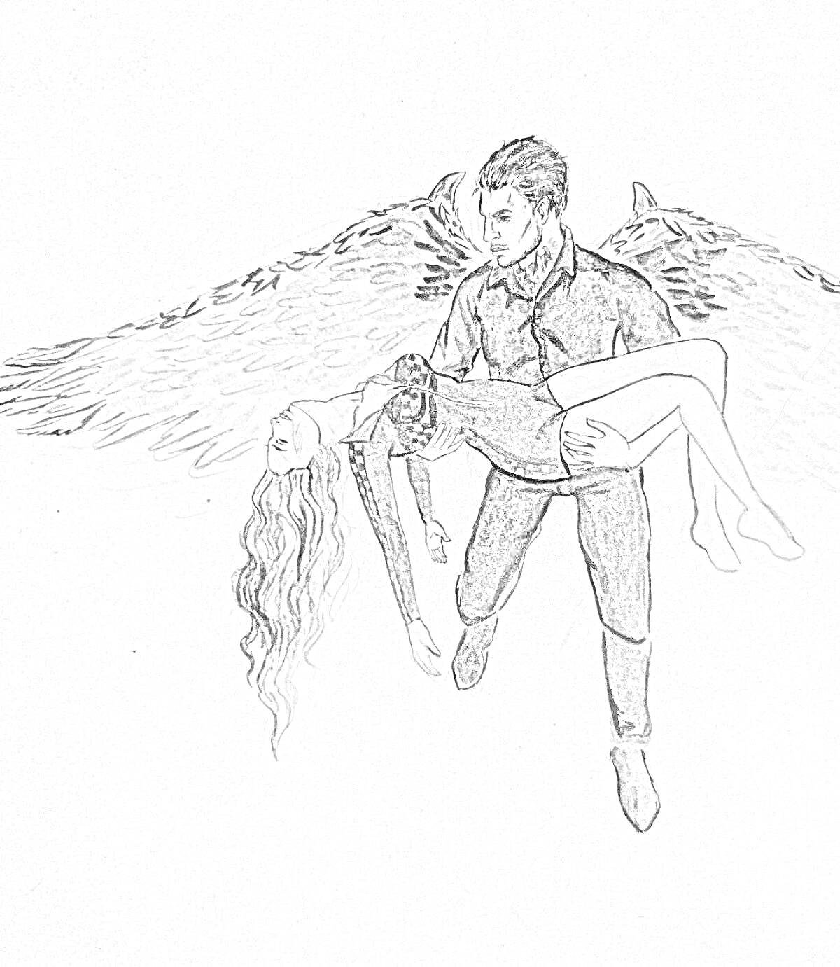 Раскраска Ангел с крыльями в черной одежде держит безжизненную девушку с длинными волосами на руках