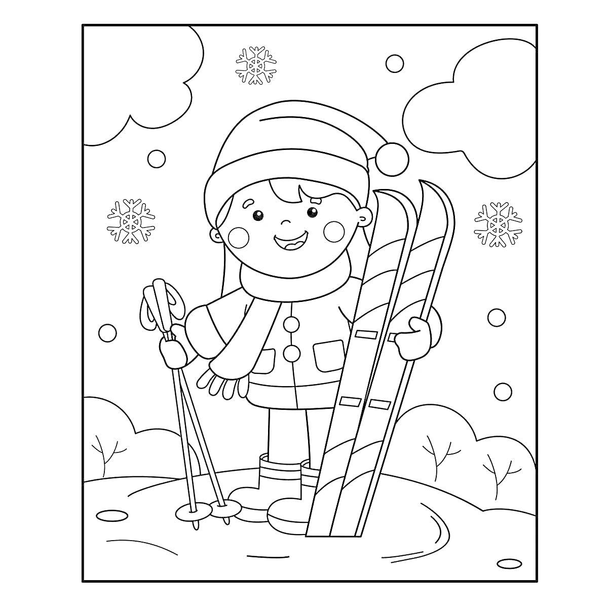 На раскраске изображено: Ребенок, Зимняя одежда, Лыжи, Лыжные палки, Снег, Облака, Снежинки