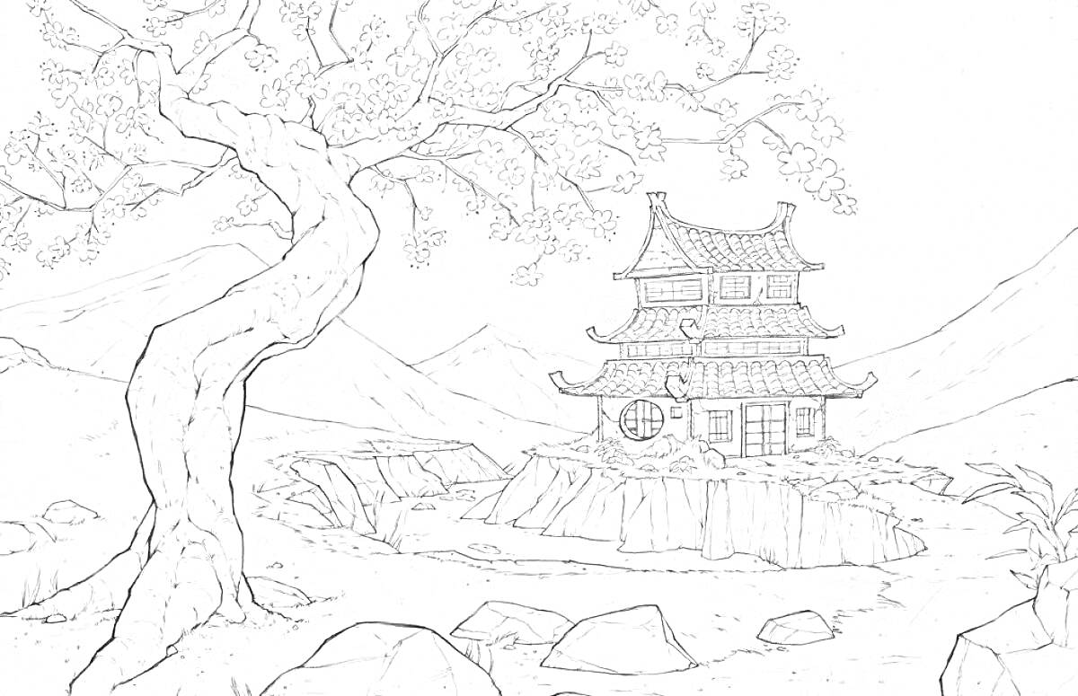 Раскраска Дерево сакуры и пагода в горном пейзаже