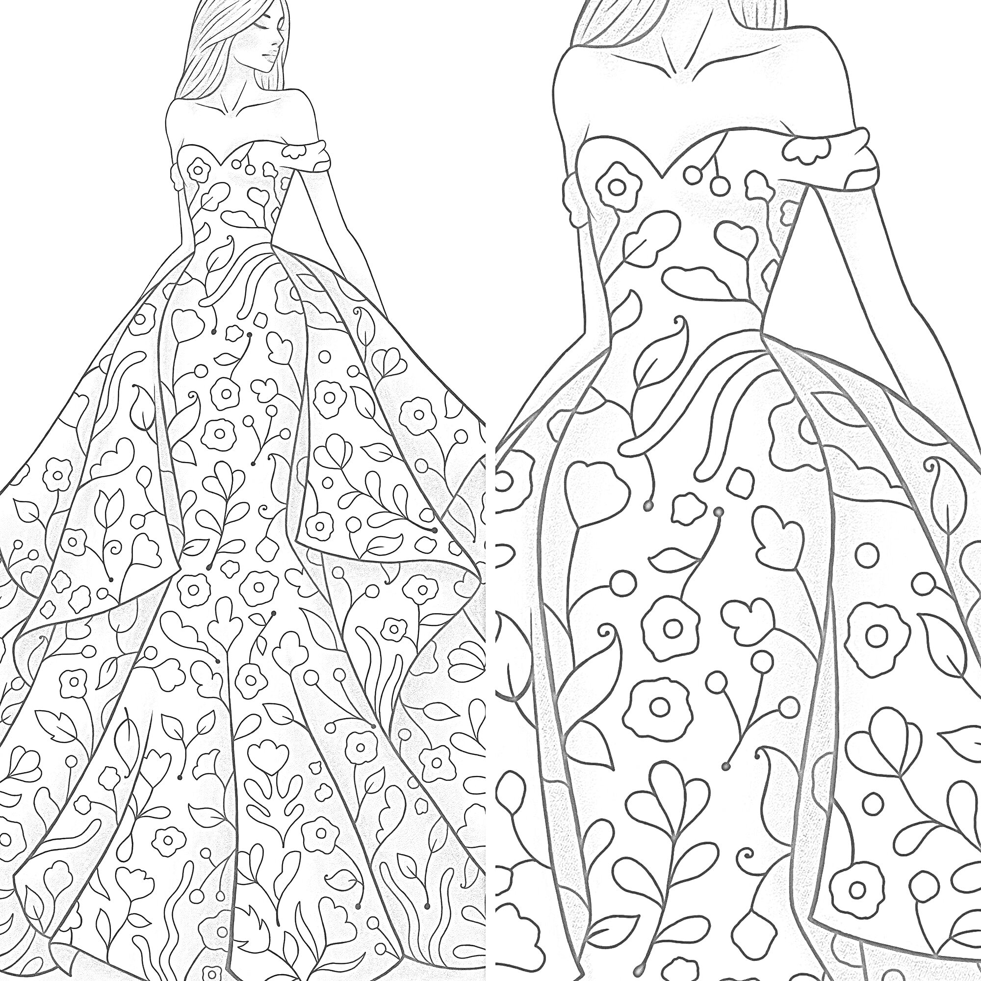 Раскраска Платье с цветочным орнаментом и объемной юбкой